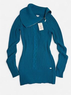 GUESS Turquoise Cable-Knit Zip Collar Women's Sweater